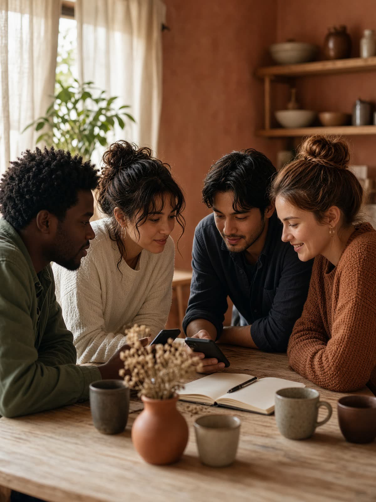 Friends gathered around a kitchen table, deciding what to do